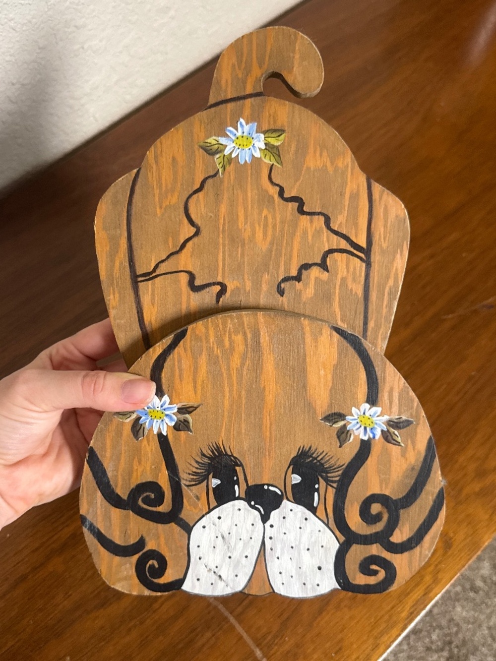 Vintage Cottagecore Wooden Puppy Dog Door Stop - Handpainted
